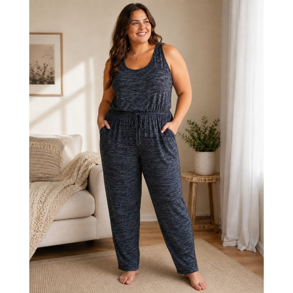 452. Eloquii Space Dye Sleeveless Jumpsuit Black White Knit Drawstring Waist
